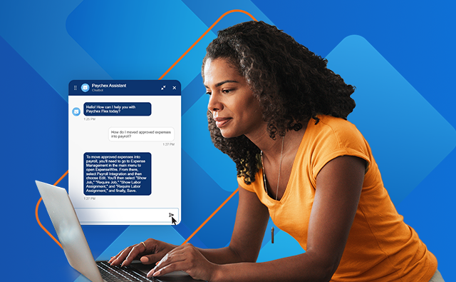 Person using a laptop while interacting with a Paychex Assistant chat window displayed beside the computer against a blue geometric background.